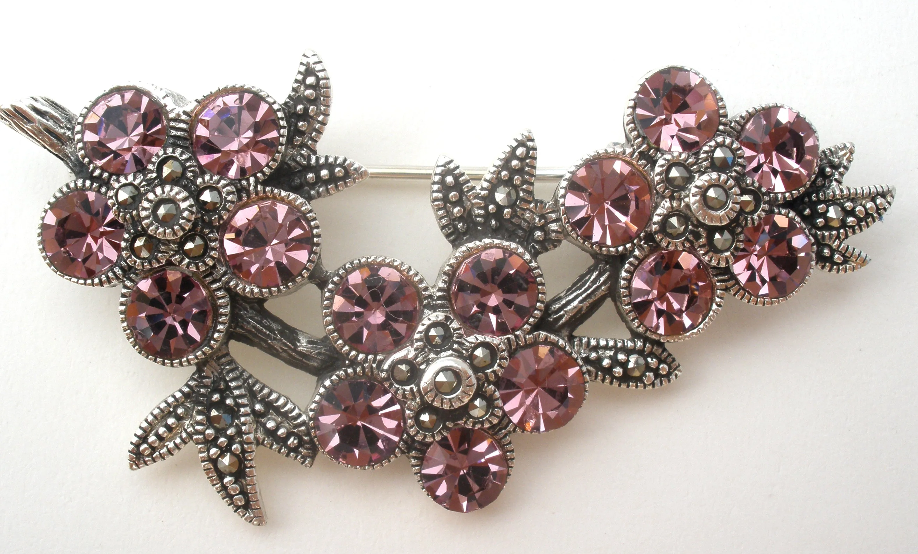 Pink Crystal Flower Brooch Sterling Silver