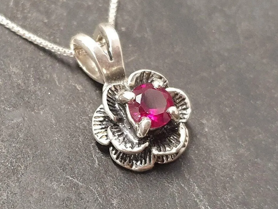 Pink Flower Pendant - Ruby Rose Necklace, Dainty Flower Pendant