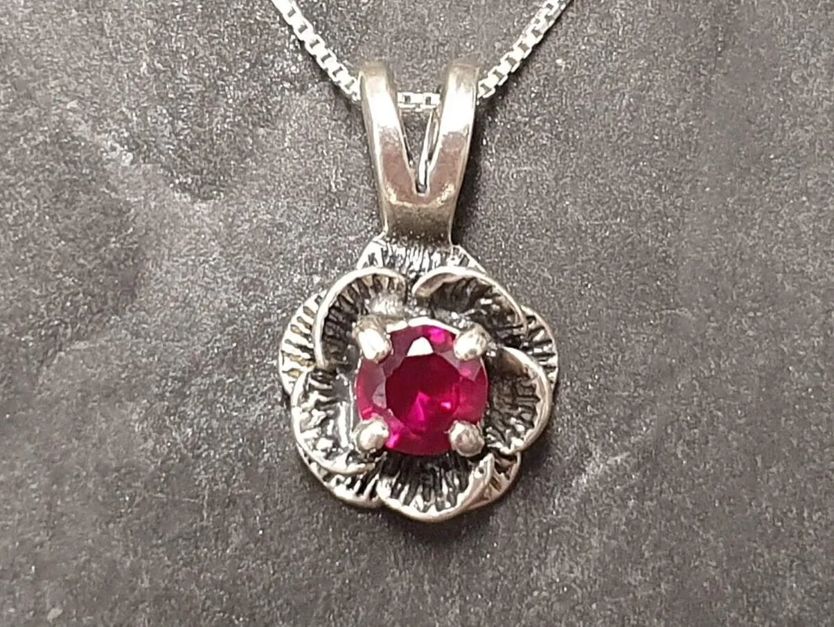 Pink Flower Pendant - Ruby Rose Necklace, Dainty Flower Pendant