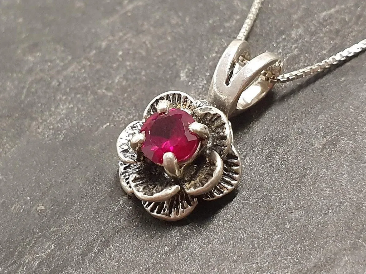 Pink Flower Pendant - Ruby Rose Necklace, Dainty Flower Pendant