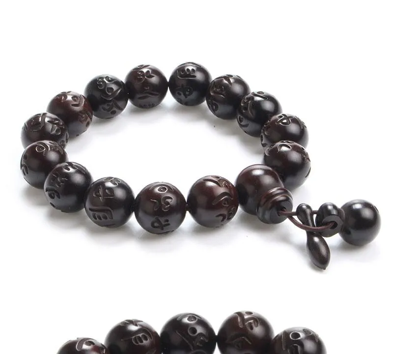 Polished African Blackwood Hand-carved Sanskrit Buddhist Prayer Bracelets