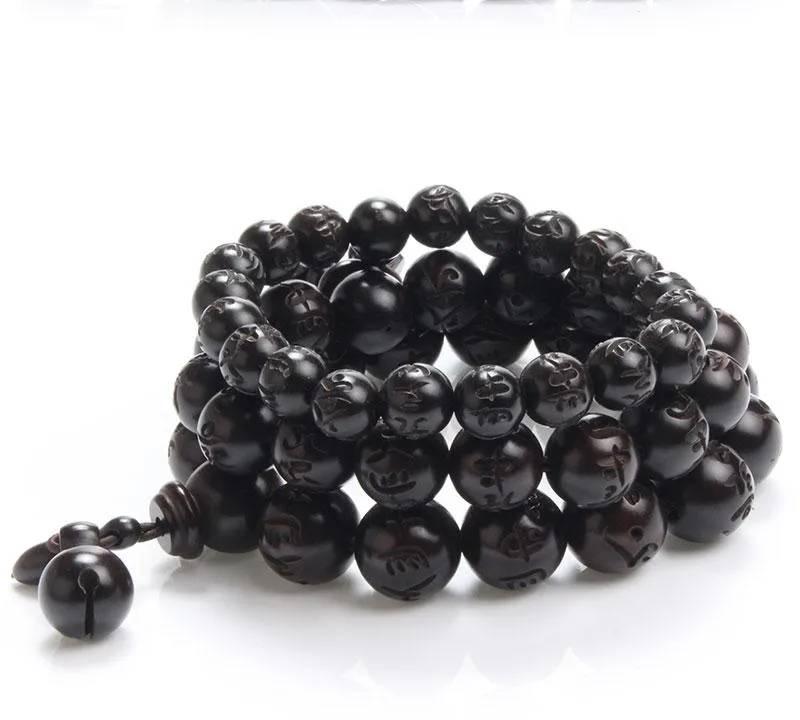 Polished African Blackwood Hand-carved Sanskrit Buddhist Prayer Bracelets