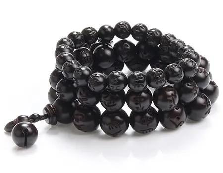 Polished African Blackwood Hand-carved Sanskrit Buddhist Prayer Bracelets