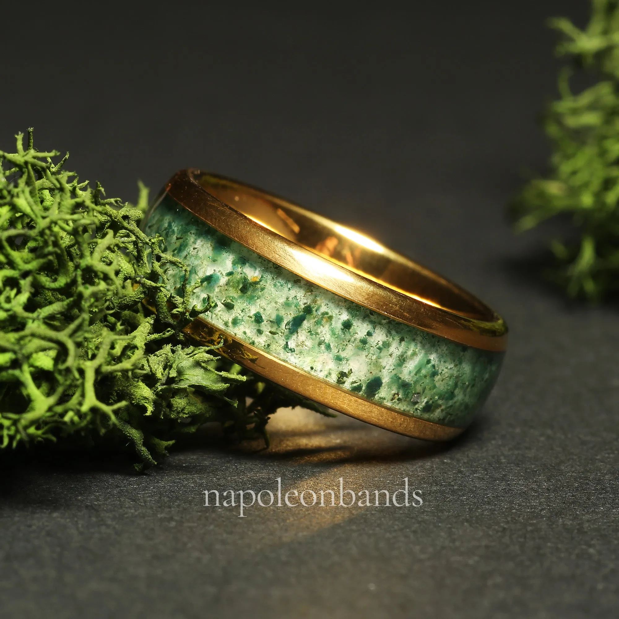 "Golden Grove 08" Yellow Gold Tungsten 8mm Wedding Band with Green Moss Agate Inlay for Him