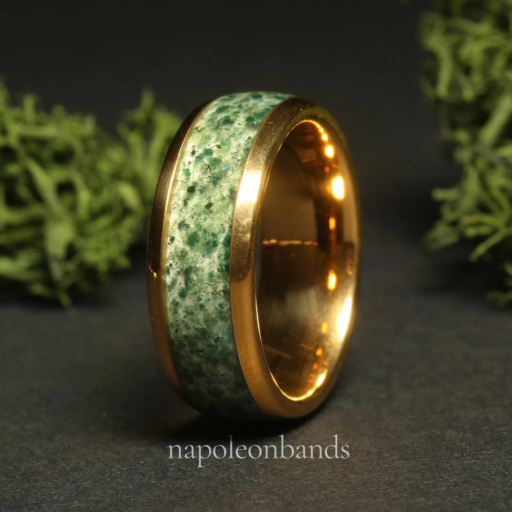 "Golden Grove 08" Yellow Gold Tungsten 8mm Wedding Band with Green Moss Agate Inlay for Him