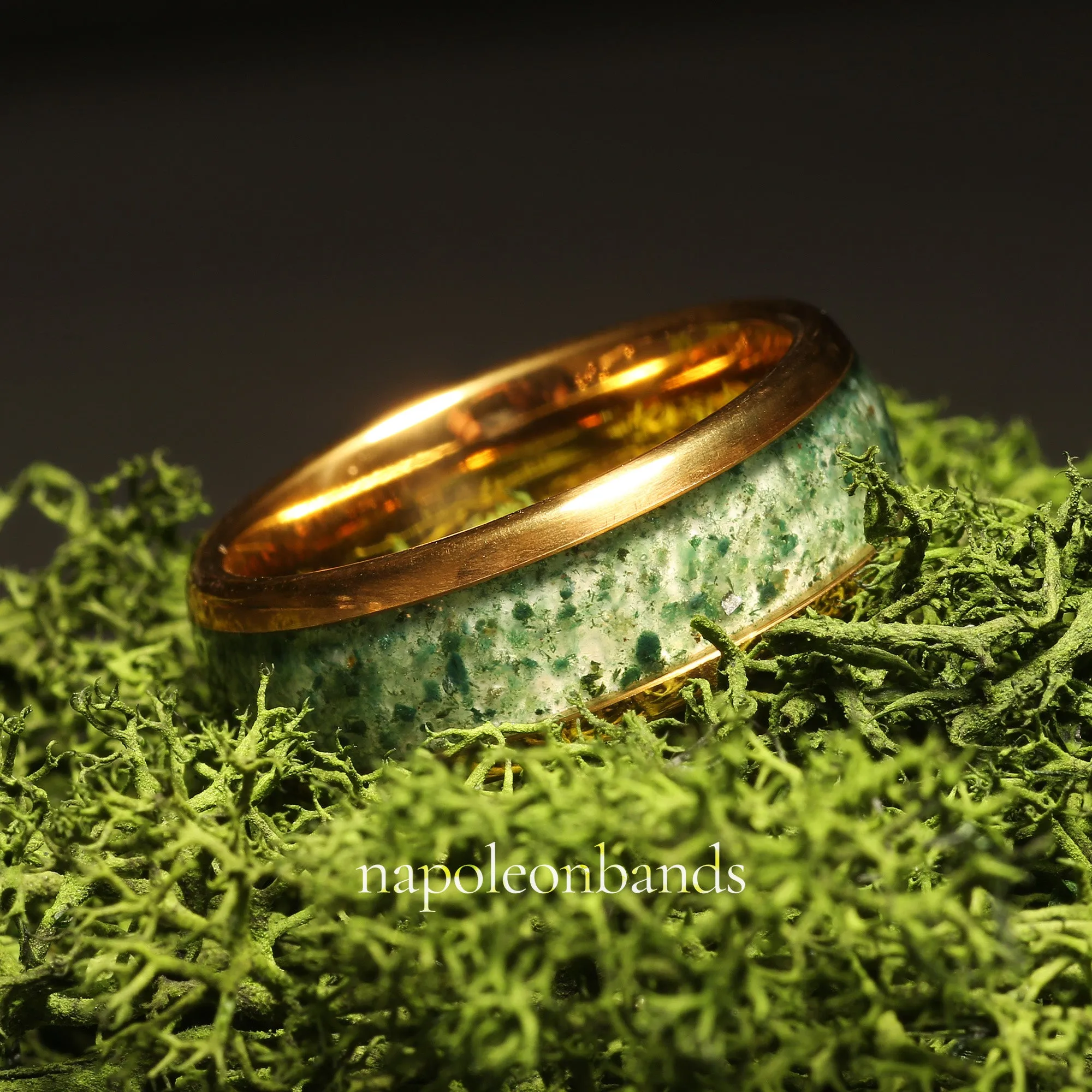 "Golden Grove 08" Yellow Gold Tungsten 8mm Wedding Band with Green Moss Agate Inlay for Him