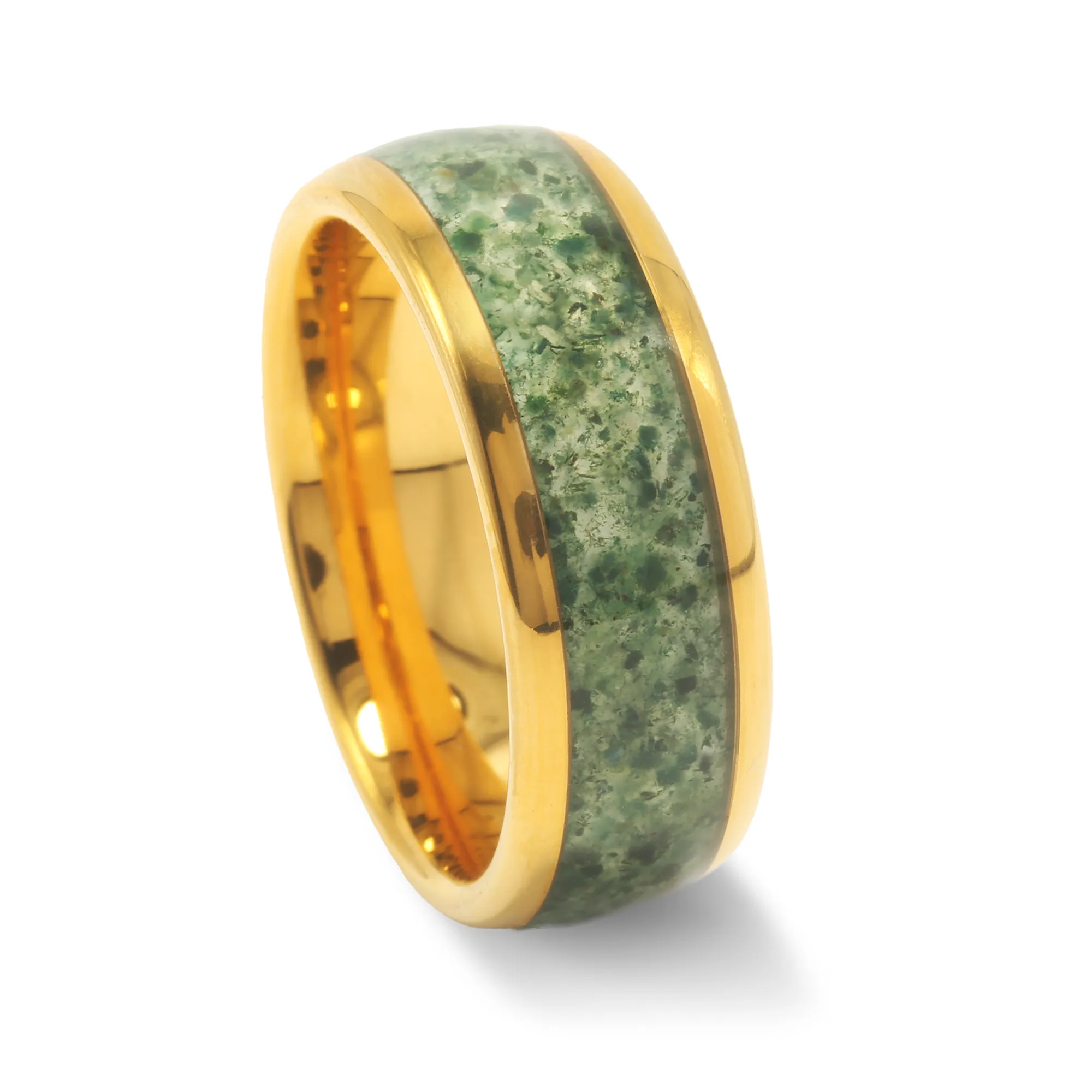 "Golden Grove 08" Yellow Gold Tungsten 8mm Wedding Band with Green Moss Agate Inlay for Him