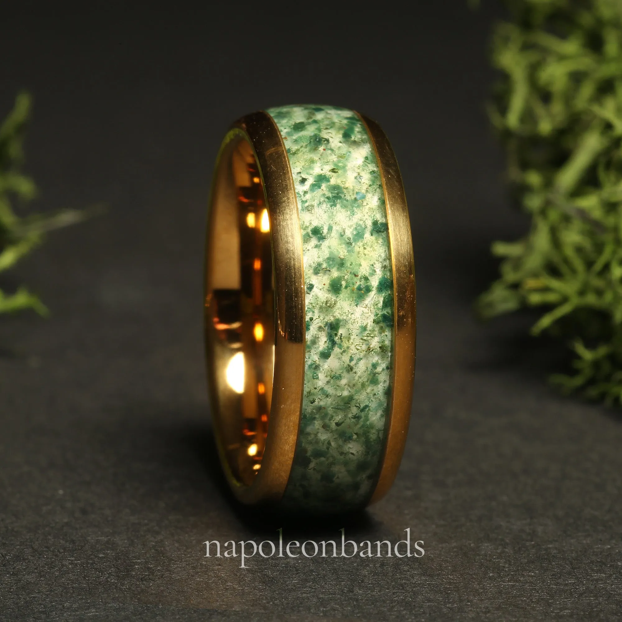 "Golden Grove 08" Yellow Gold Tungsten 8mm Wedding Band with Green Moss Agate Inlay for Him