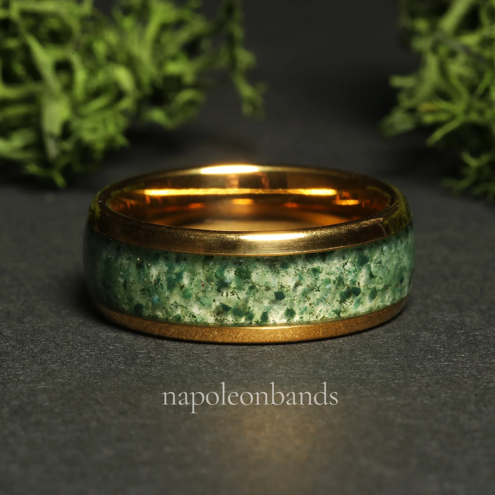 "Golden Grove 08" Yellow Gold Tungsten 8mm Wedding Band with Green Moss Agate Inlay for Him