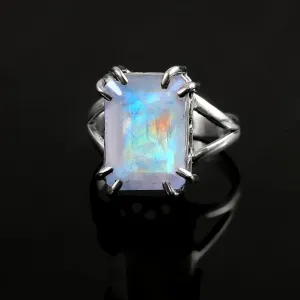 Rainbow Moonstone Solitaire Rings - Emerald Cut Rings - 925 Sterling Silver Rings