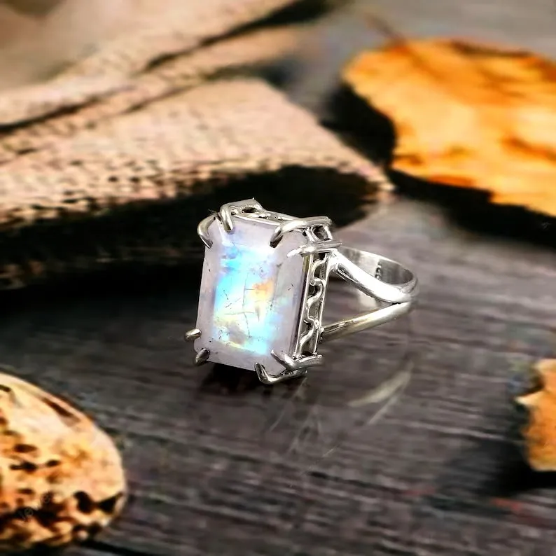 Rainbow Moonstone Solitaire Rings - Emerald Cut Rings - 925 Sterling Silver Rings