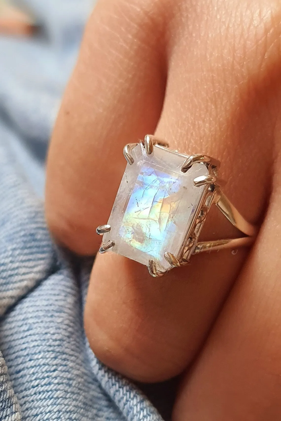 Rainbow Moonstone Solitaire Rings - Emerald Cut Rings - 925 Sterling Silver Rings