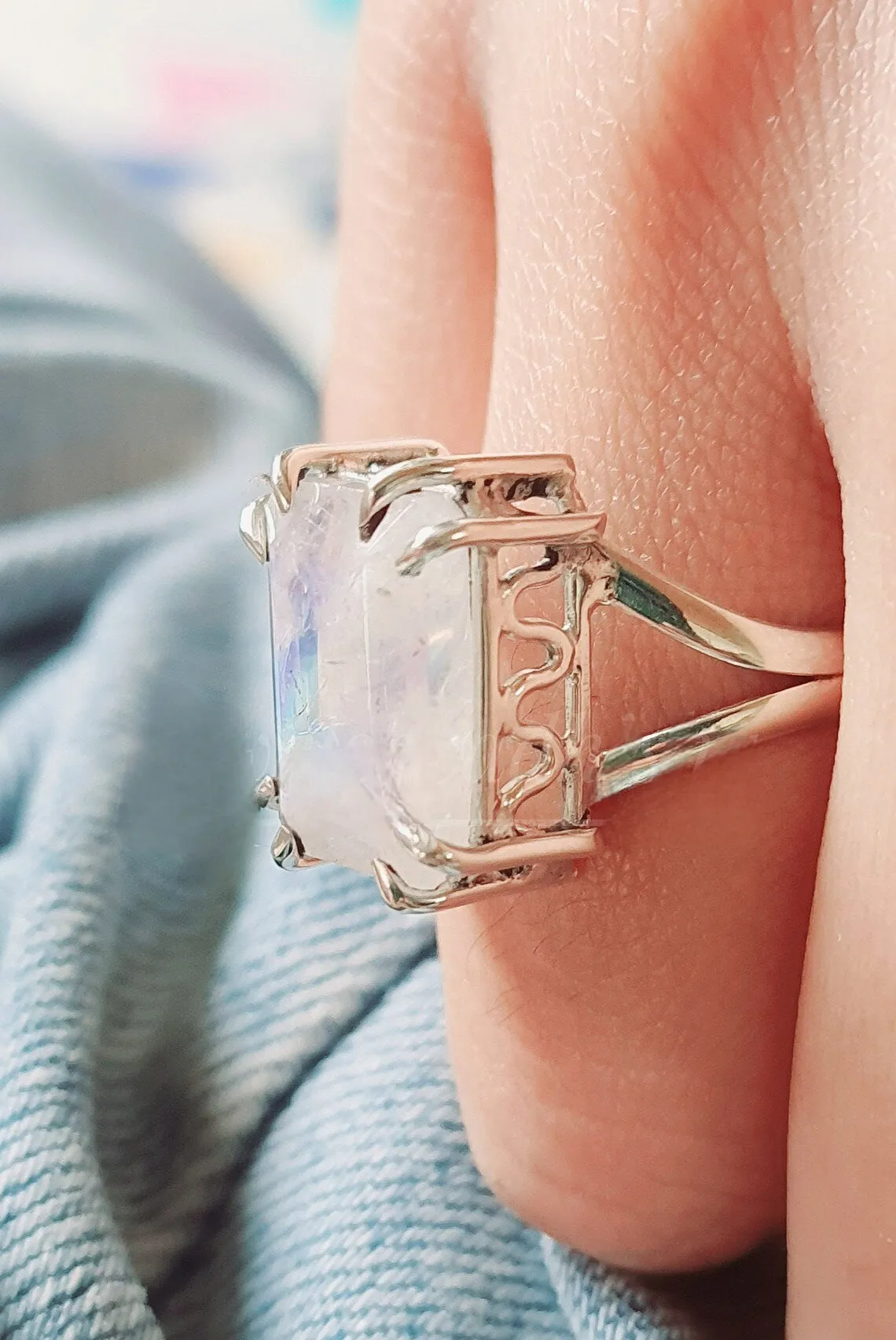 Rainbow Moonstone Solitaire Rings - Emerald Cut Rings - 925 Sterling Silver Rings