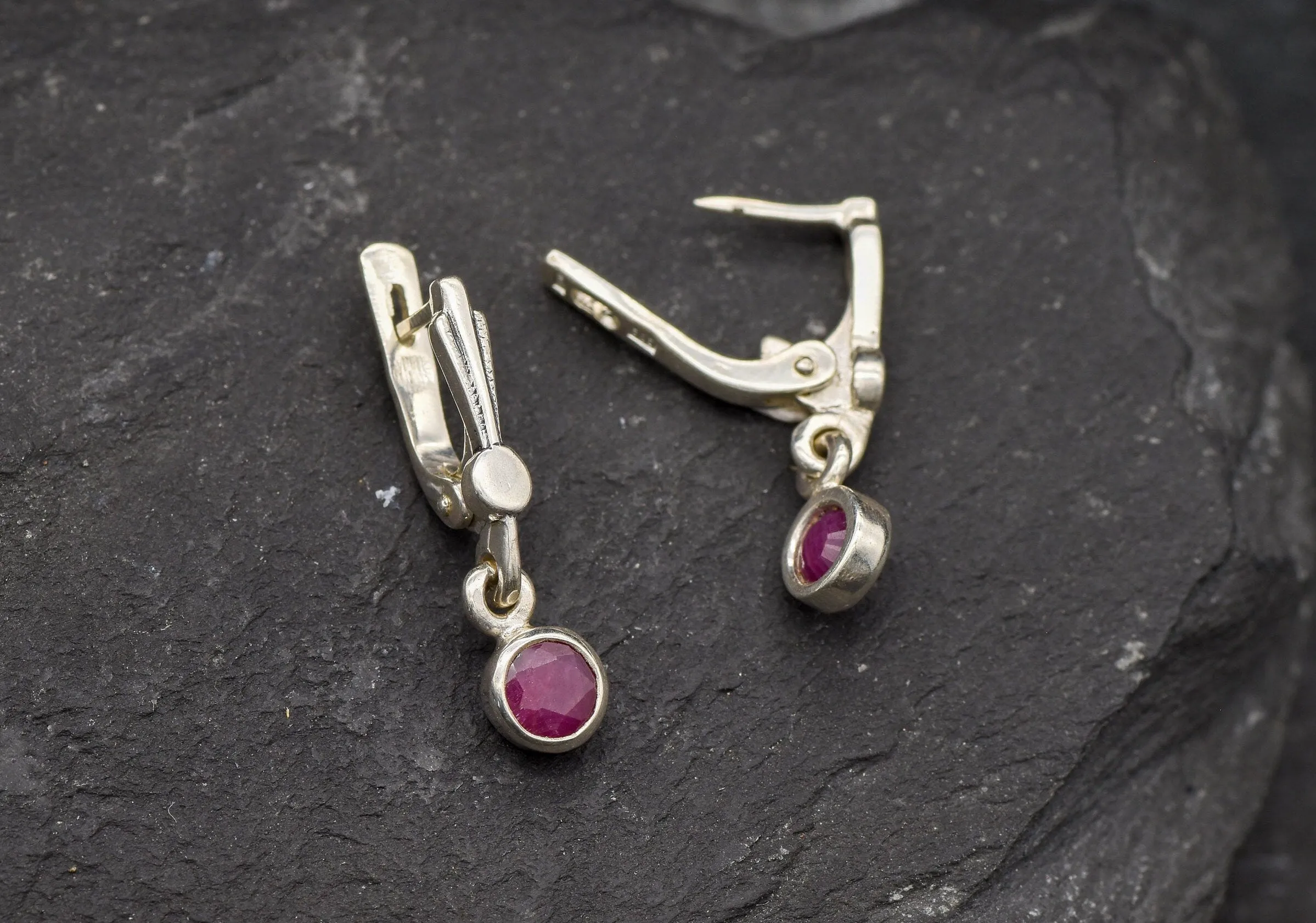 Red Dangling Earrings - Genuine Ruby Earrings - Long Purple Earrings