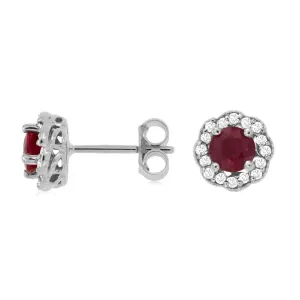 Red Round Natural Ruby Diamond Halo Stud Earrings in White Gold