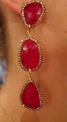 Roni Blanshay Three Slice Crystal Encrusted Drop Earring in Ruby