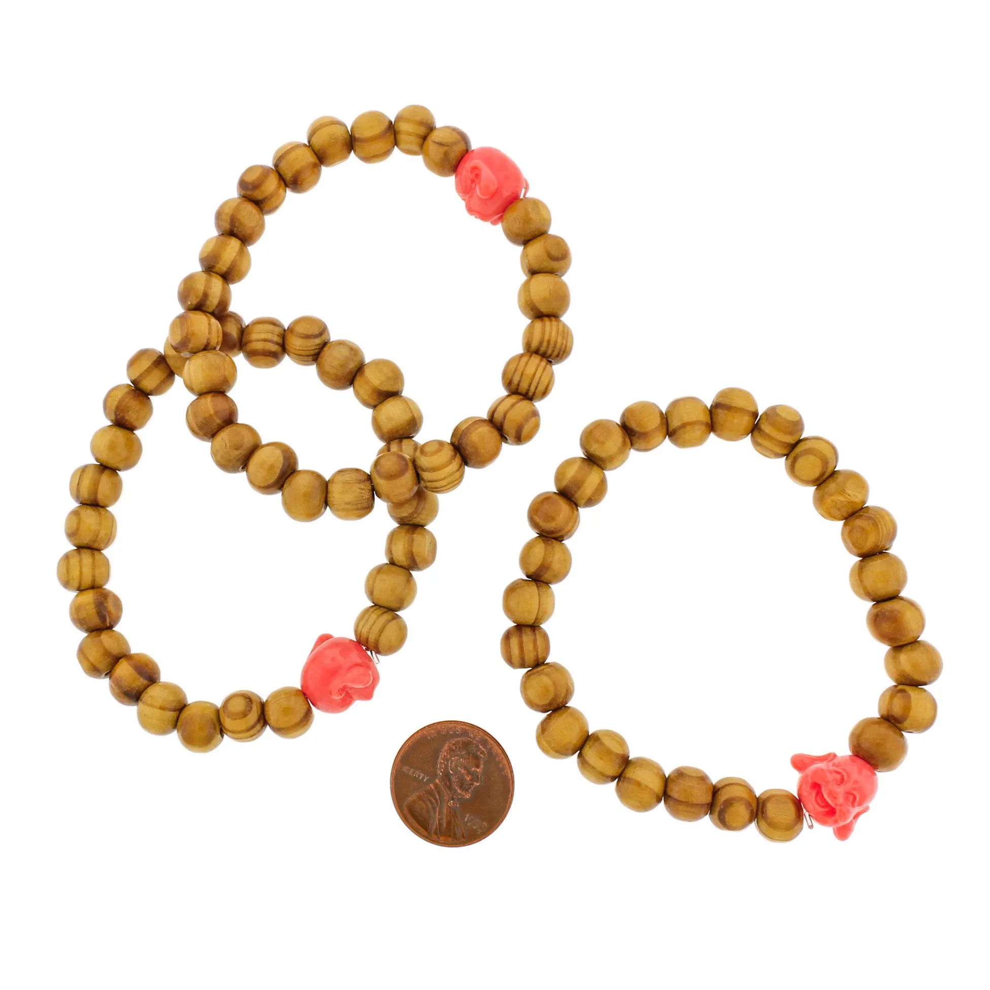 Round Wood Bead Bracelet - 8mm / 43mm - Resin Buddha - Choose Your Color!