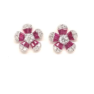 Ruby and Diamond Flower Stud Earrings