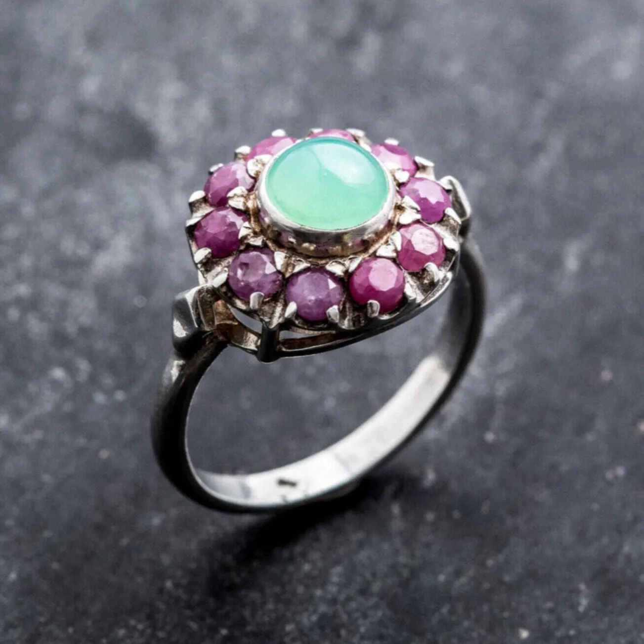 Ruby Flower Ring - Victorian Silver Ring - Chrysoprase Ring