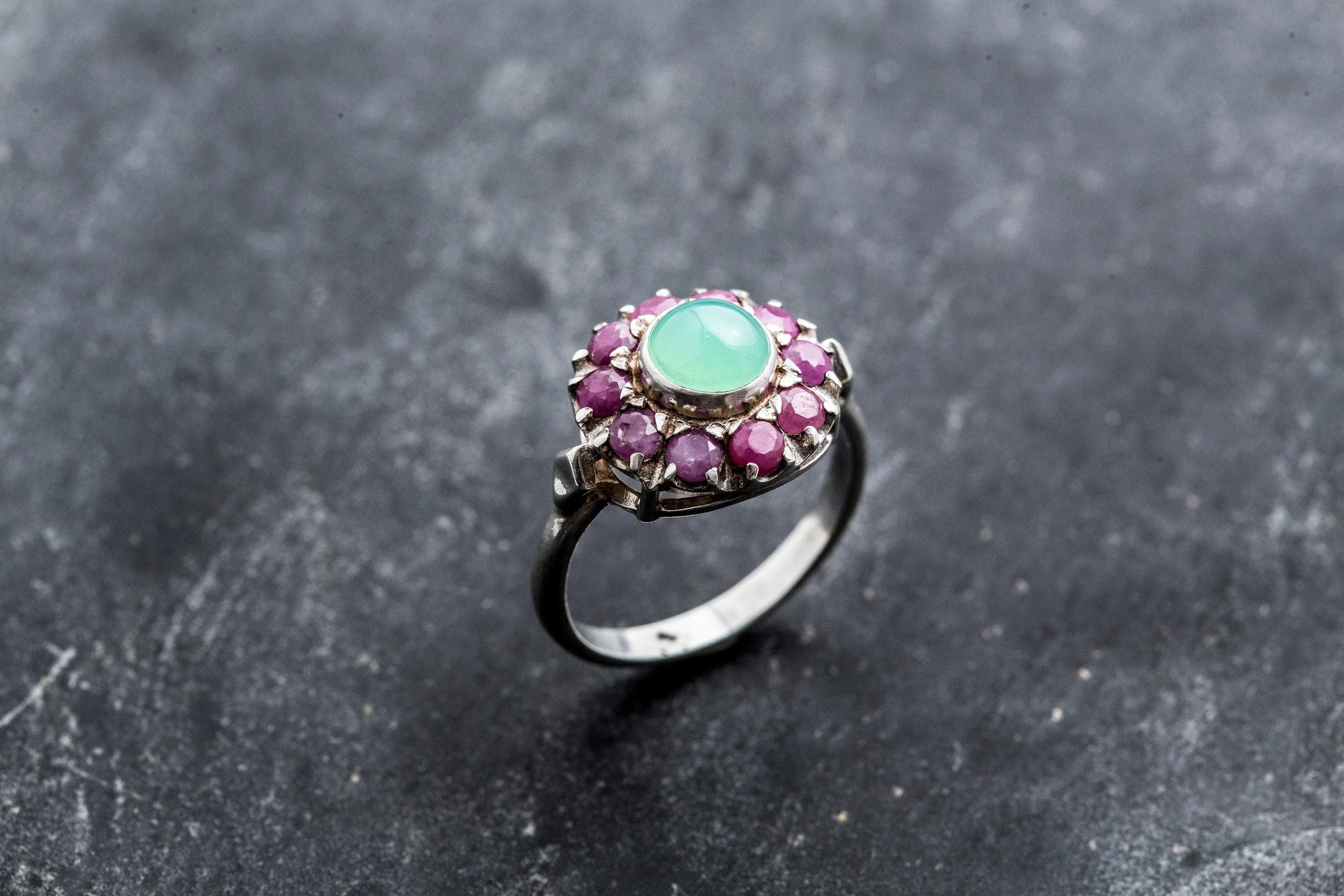 Ruby Flower Ring - Victorian Silver Ring - Chrysoprase Ring