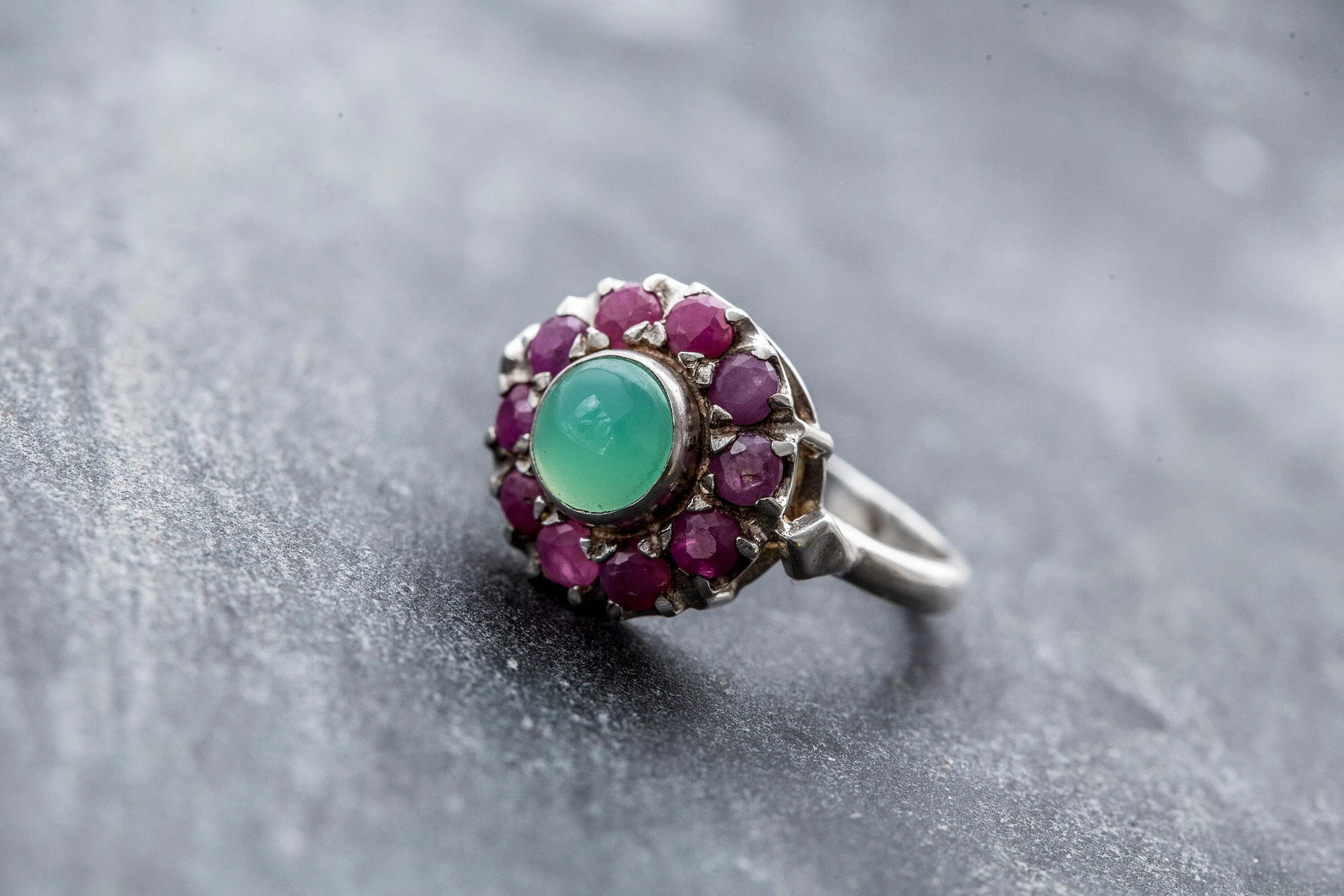 Ruby Flower Ring - Victorian Silver Ring - Chrysoprase Ring