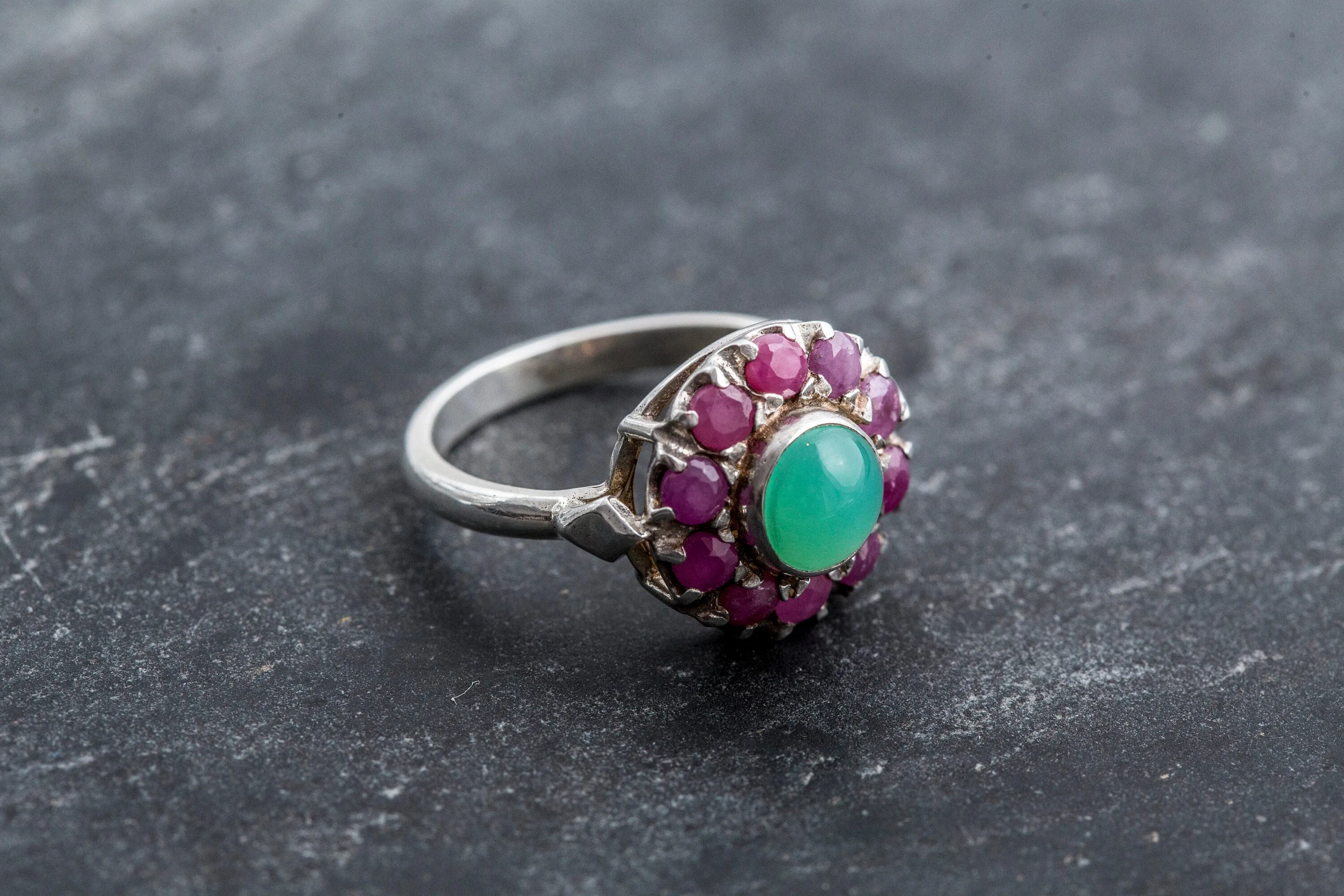 Ruby Flower Ring - Victorian Silver Ring - Chrysoprase Ring