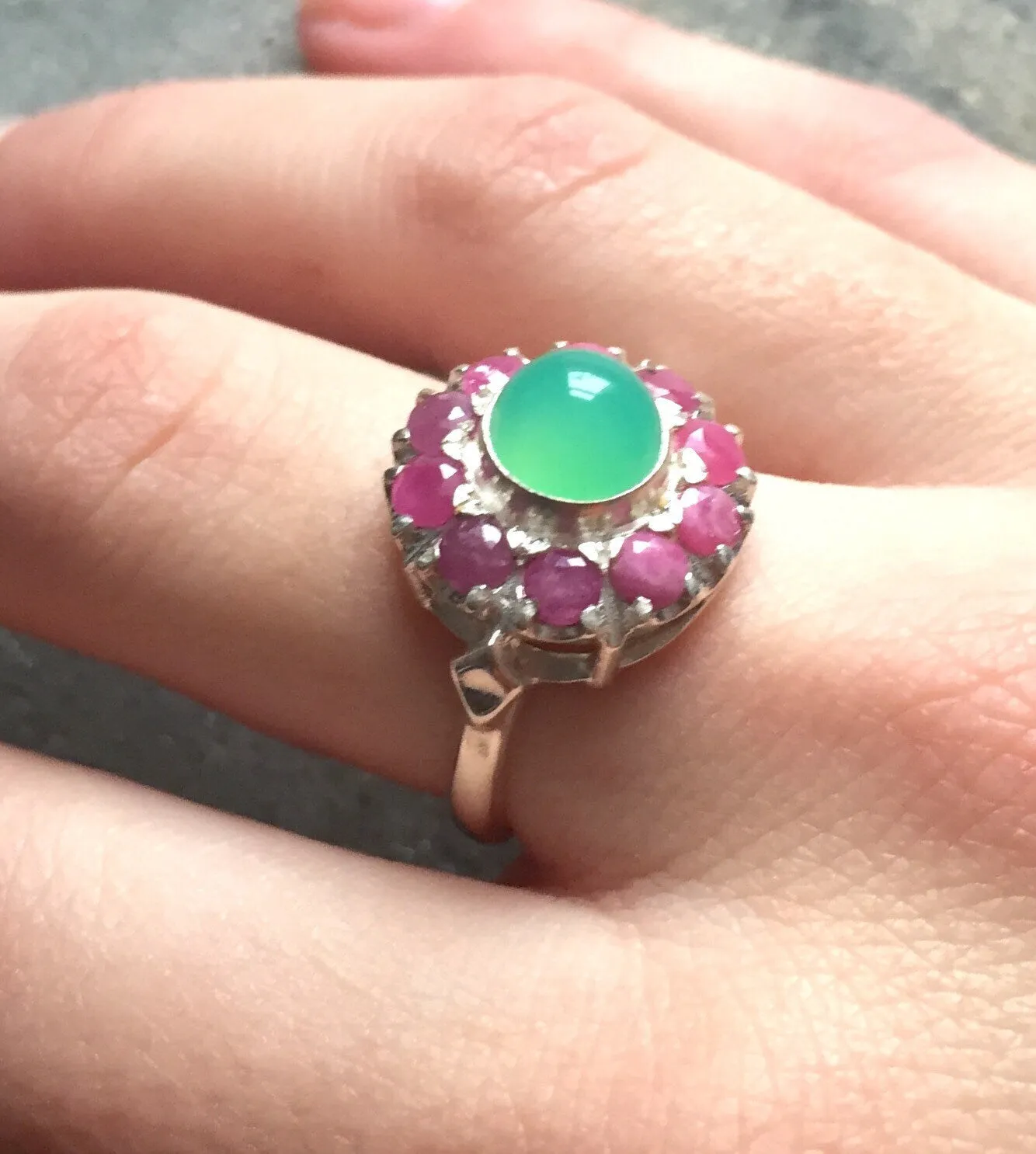 Ruby Flower Ring - Victorian Silver Ring - Chrysoprase Ring