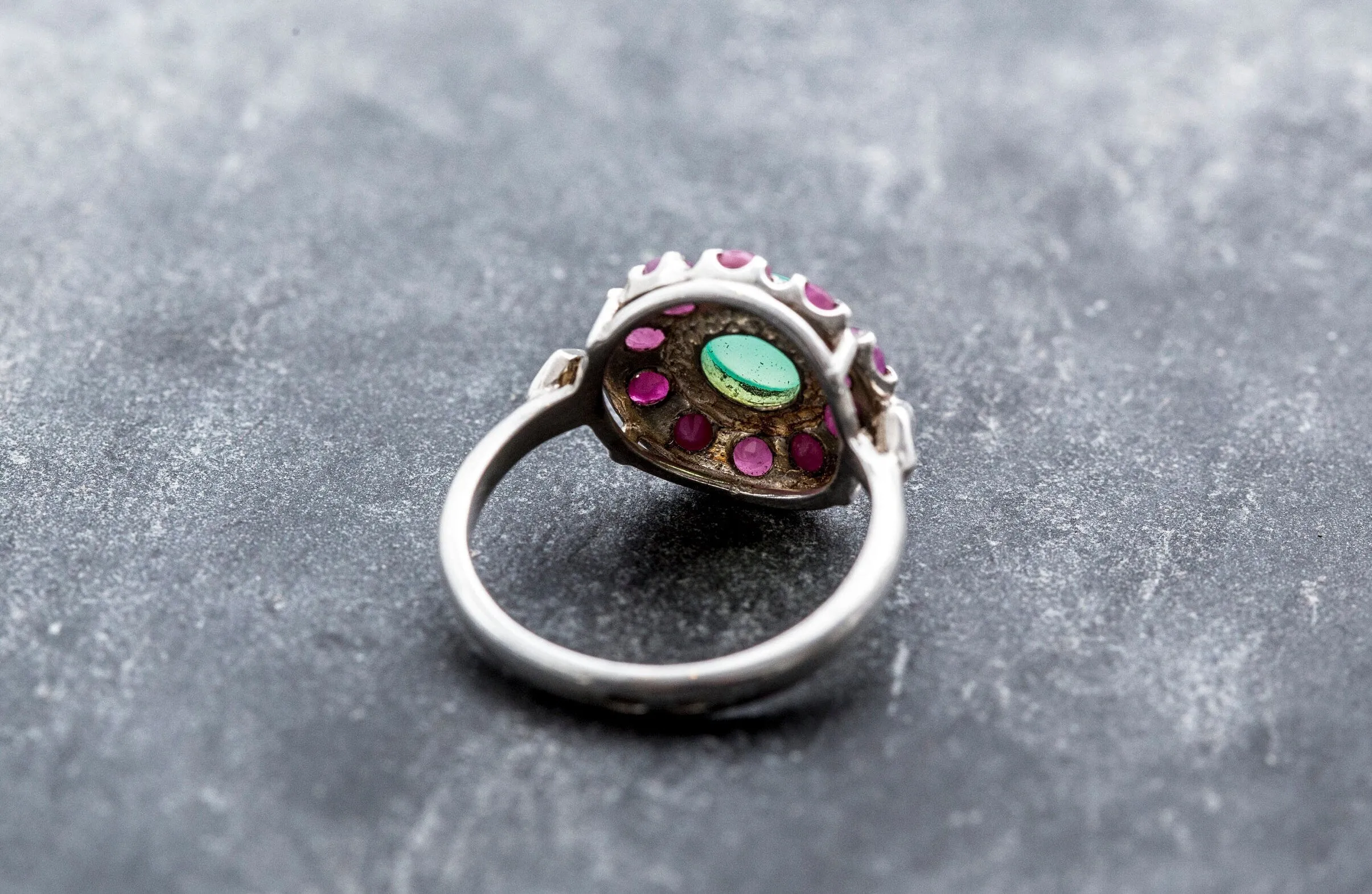 Ruby Flower Ring - Victorian Silver Ring - Chrysoprase Ring