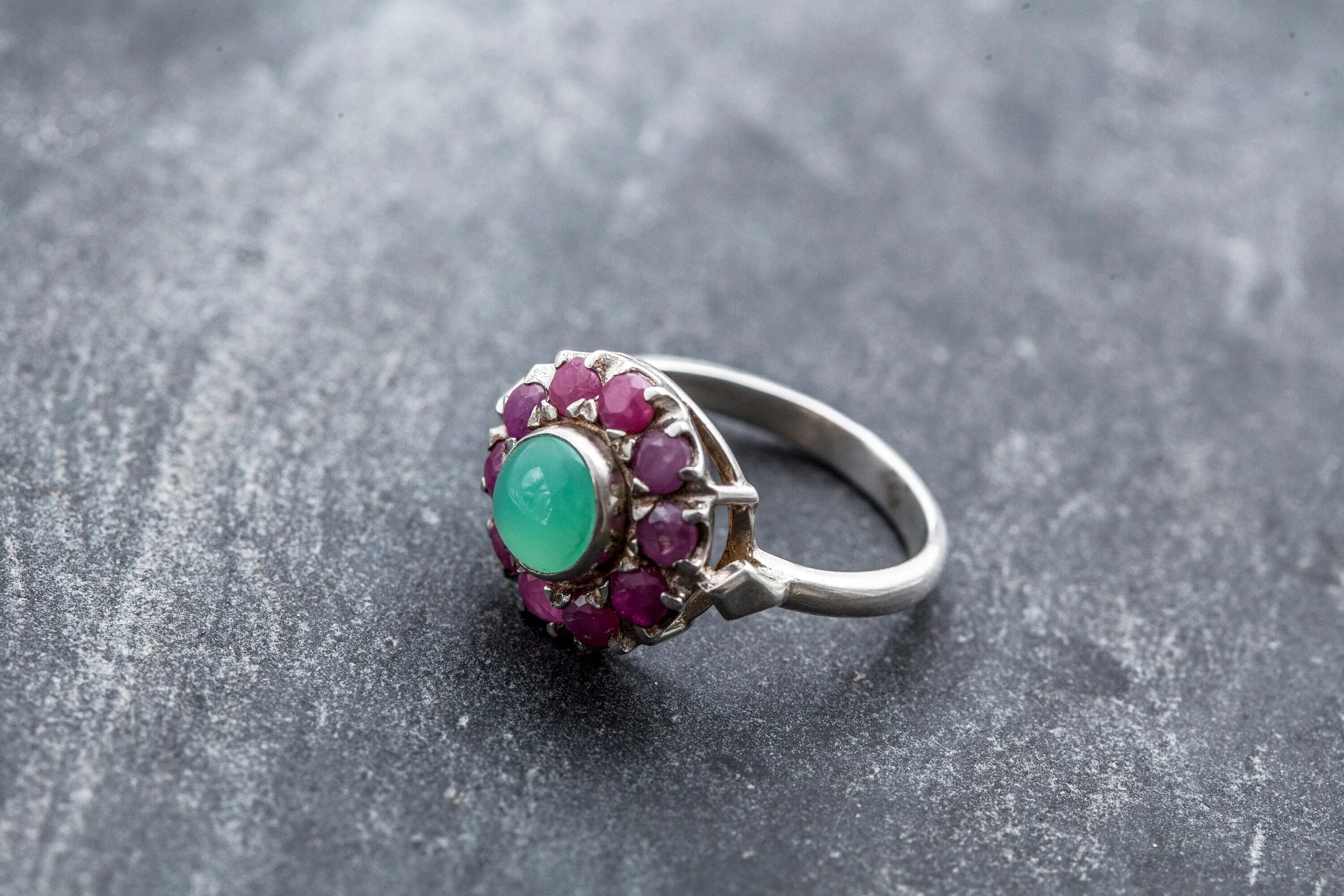 Ruby Flower Ring - Victorian Silver Ring - Chrysoprase Ring