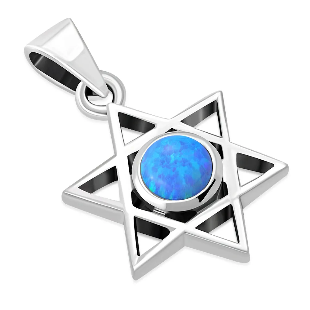 Small Synthetic Blue Opal Star of David Silver Pendant