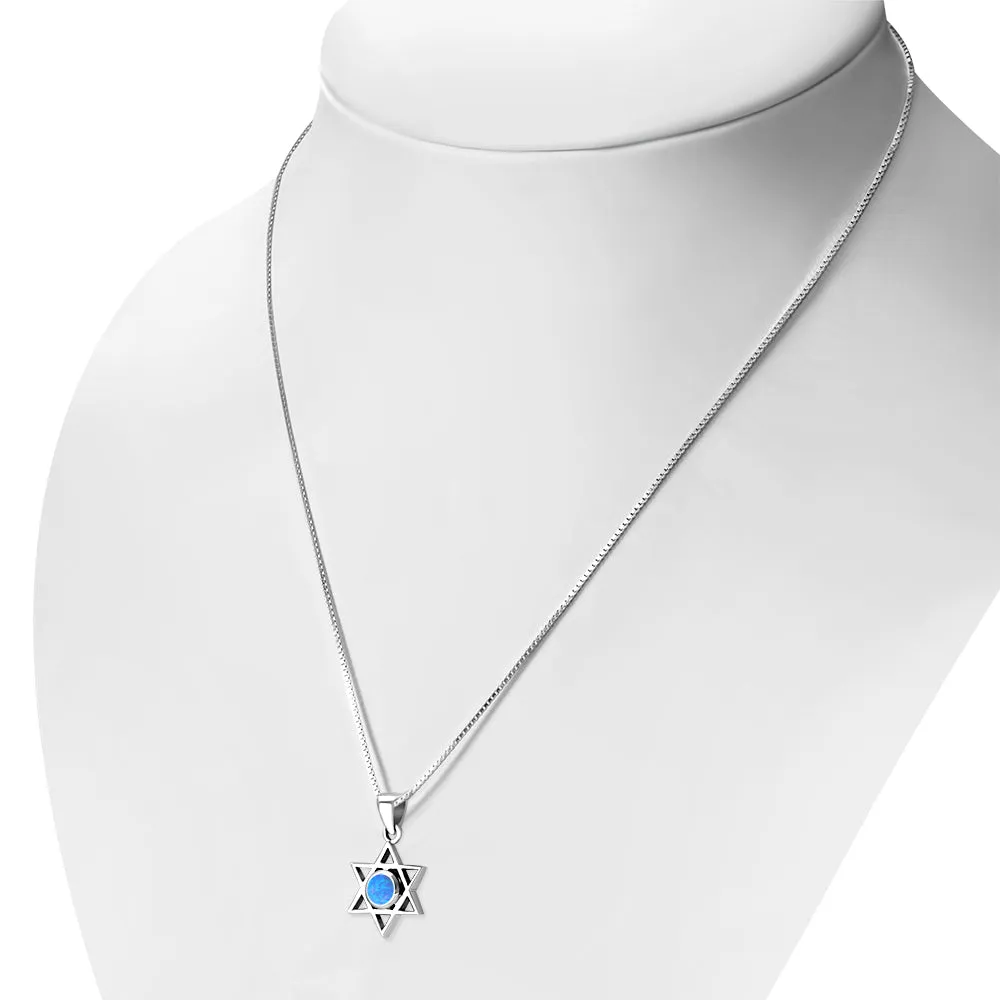 Small Synthetic Blue Opal Star of David Silver Pendant