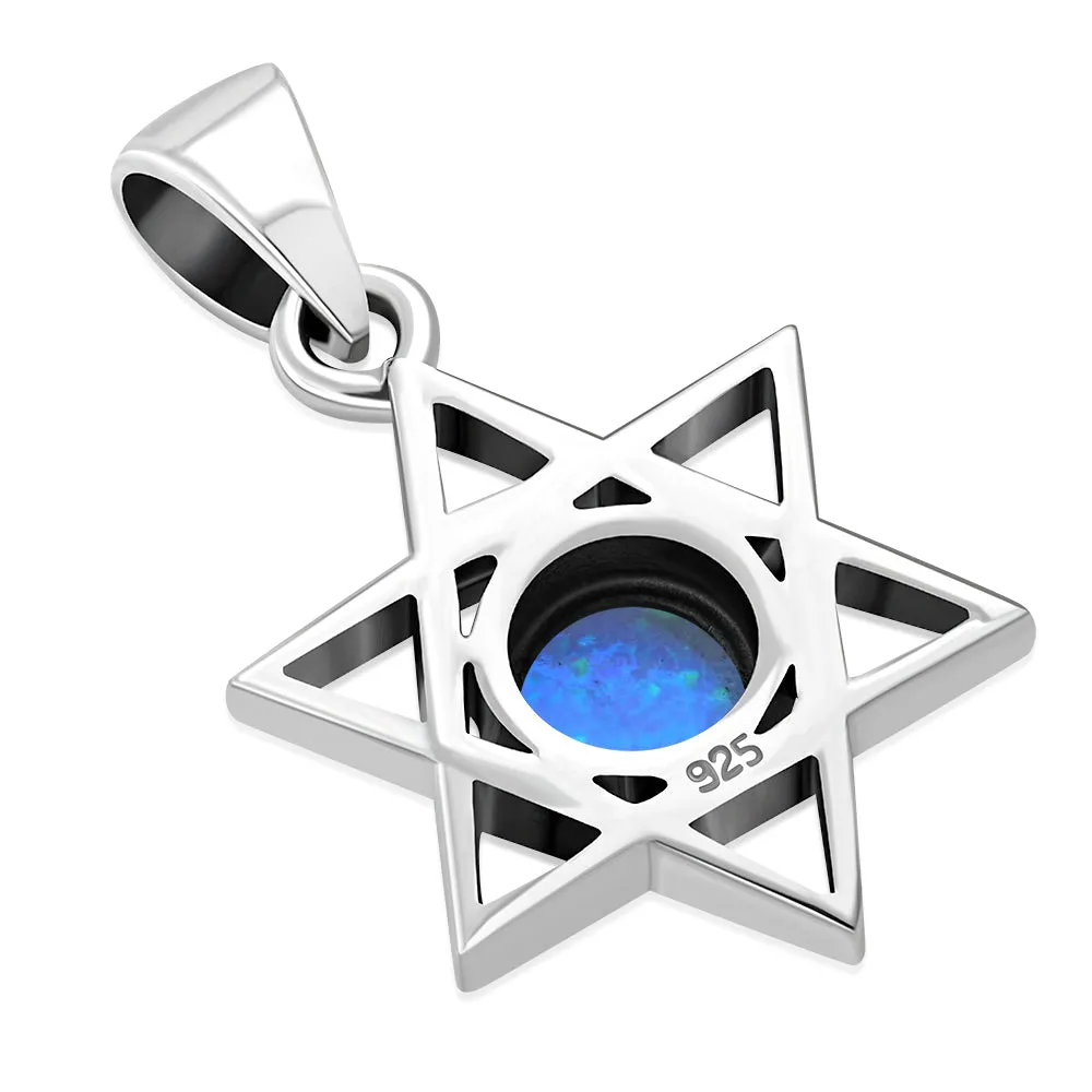 Small Synthetic Blue Opal Star of David Silver Pendant