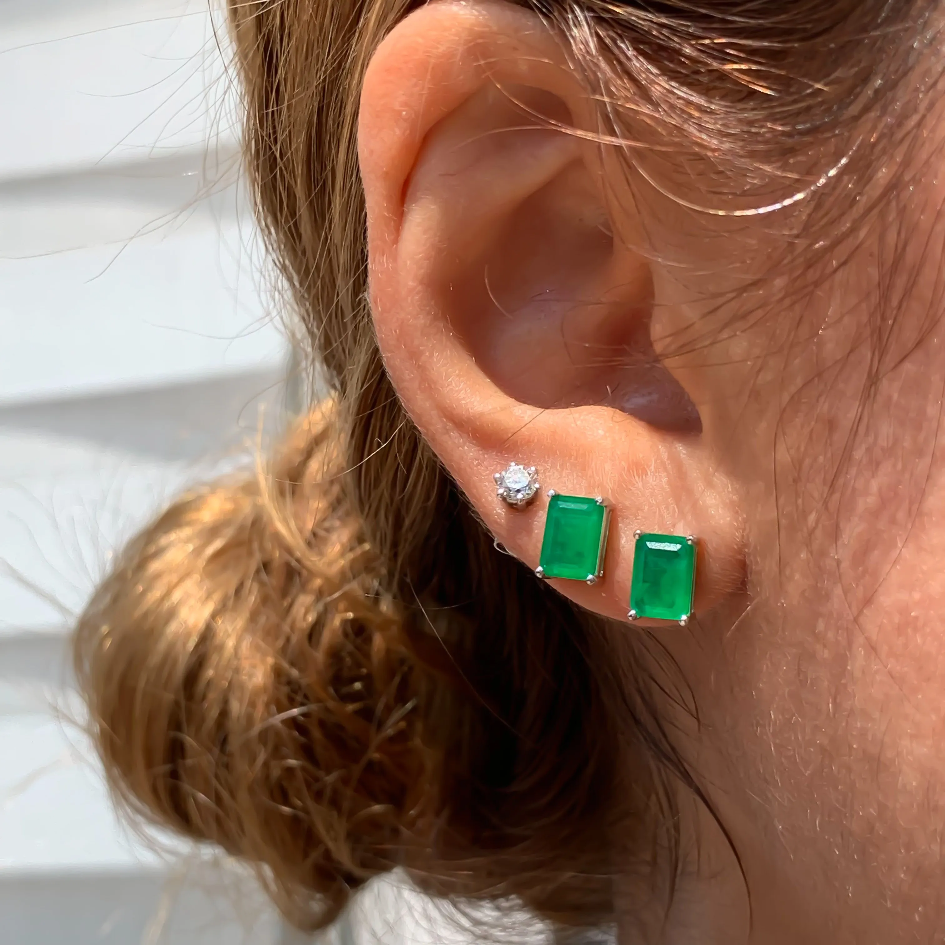 Sterling silver emerald green small rectangular stud earrings