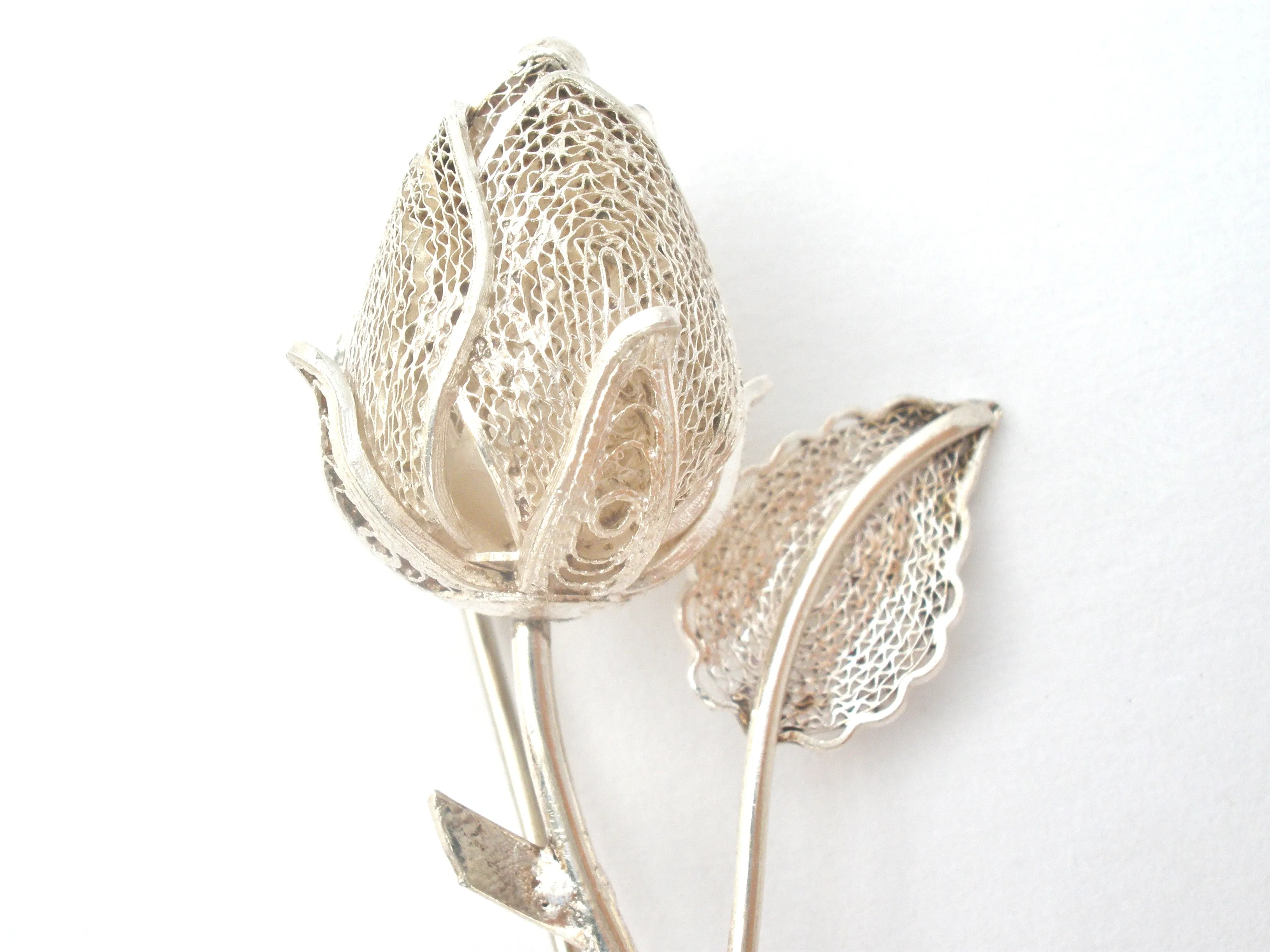 Sterling Silver Filigree Rose Brooch Pin Vintage