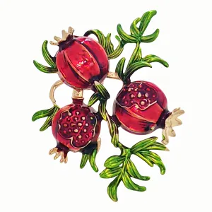 Stunning Gold Tone Leaves Red Enamel Pomegranate Brooch Pin Vintage Fruit Jewelry