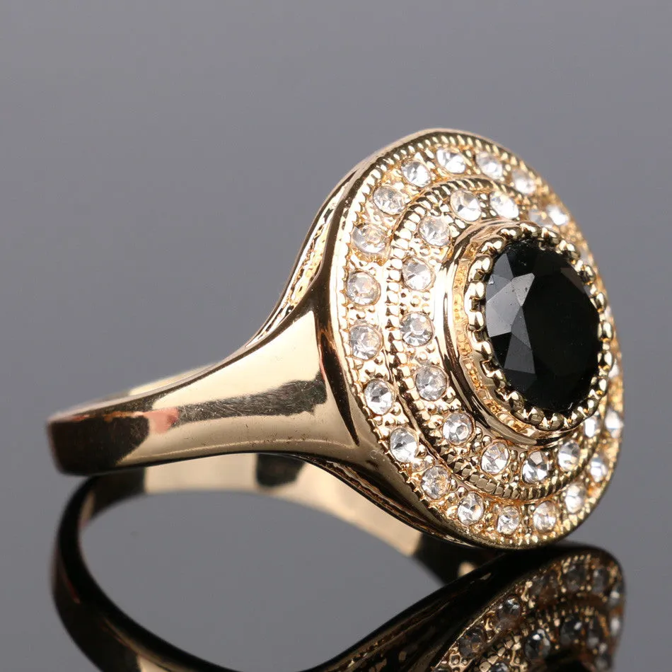 Top Fashion Round Black Ring 18K Gold Plated Punk Rock Crystal Rings For Women Love Gift Vintage Jewelry