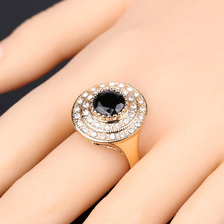 Top Fashion Round Black Ring 18K Gold Plated Punk Rock Crystal Rings For Women Love Gift Vintage Jewelry