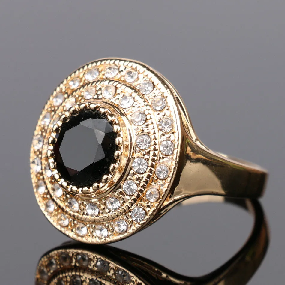 Top Fashion Round Black Ring 18K Gold Plated Punk Rock Crystal Rings For Women Love Gift Vintage Jewelry