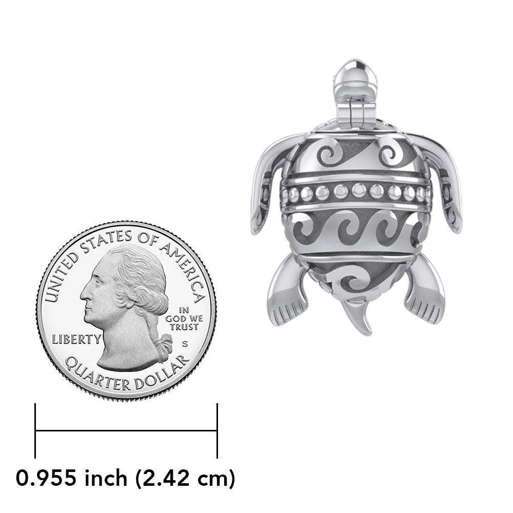 Turtle with Wave Design on The Shell Silver Locket Pendant and Pin in One TPD6113