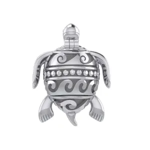 Turtle with Wave Design on The Shell Silver Locket Pendant and Pin in One TPD6113