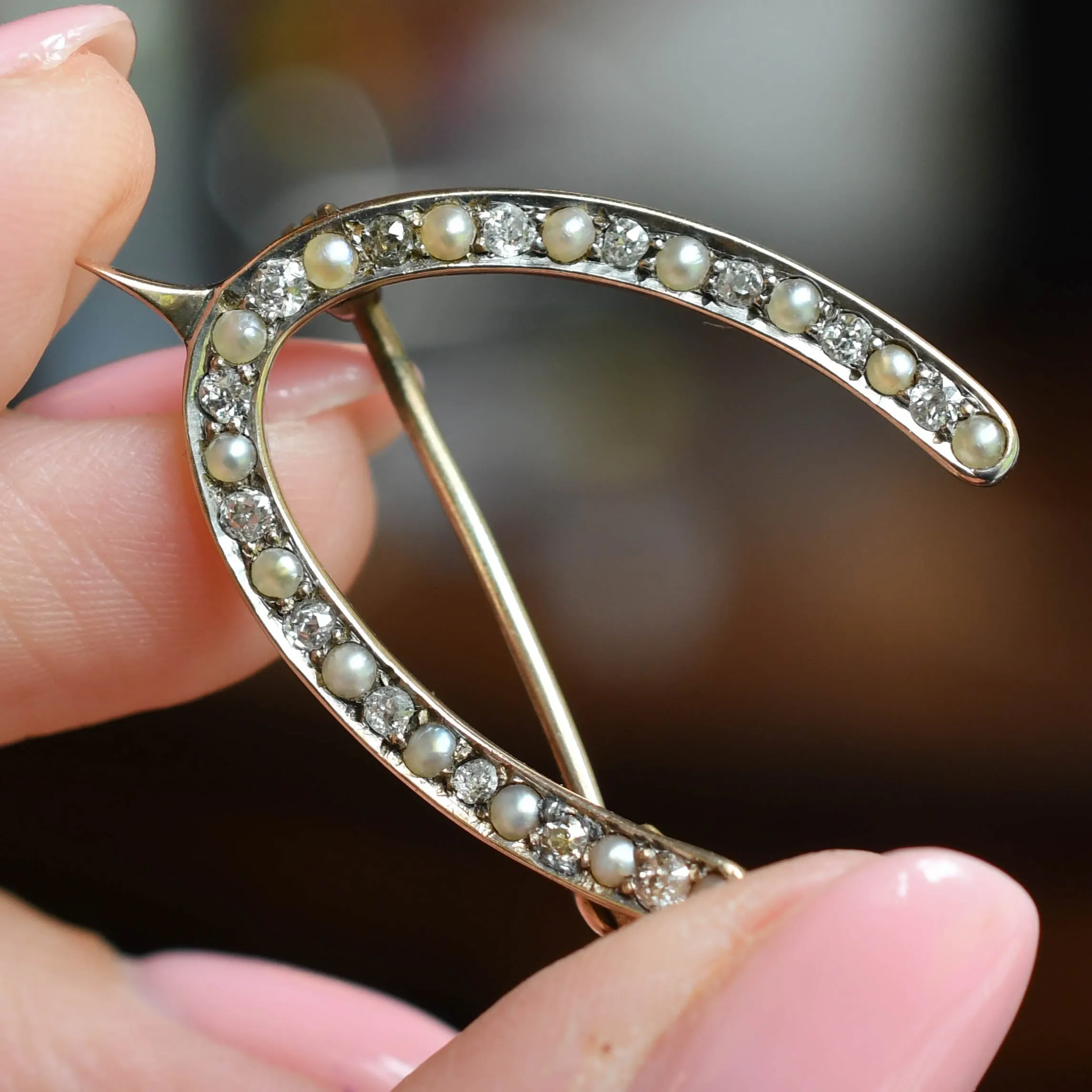 Victorian Diamond & Pearl Lucky Wishbone Brooch