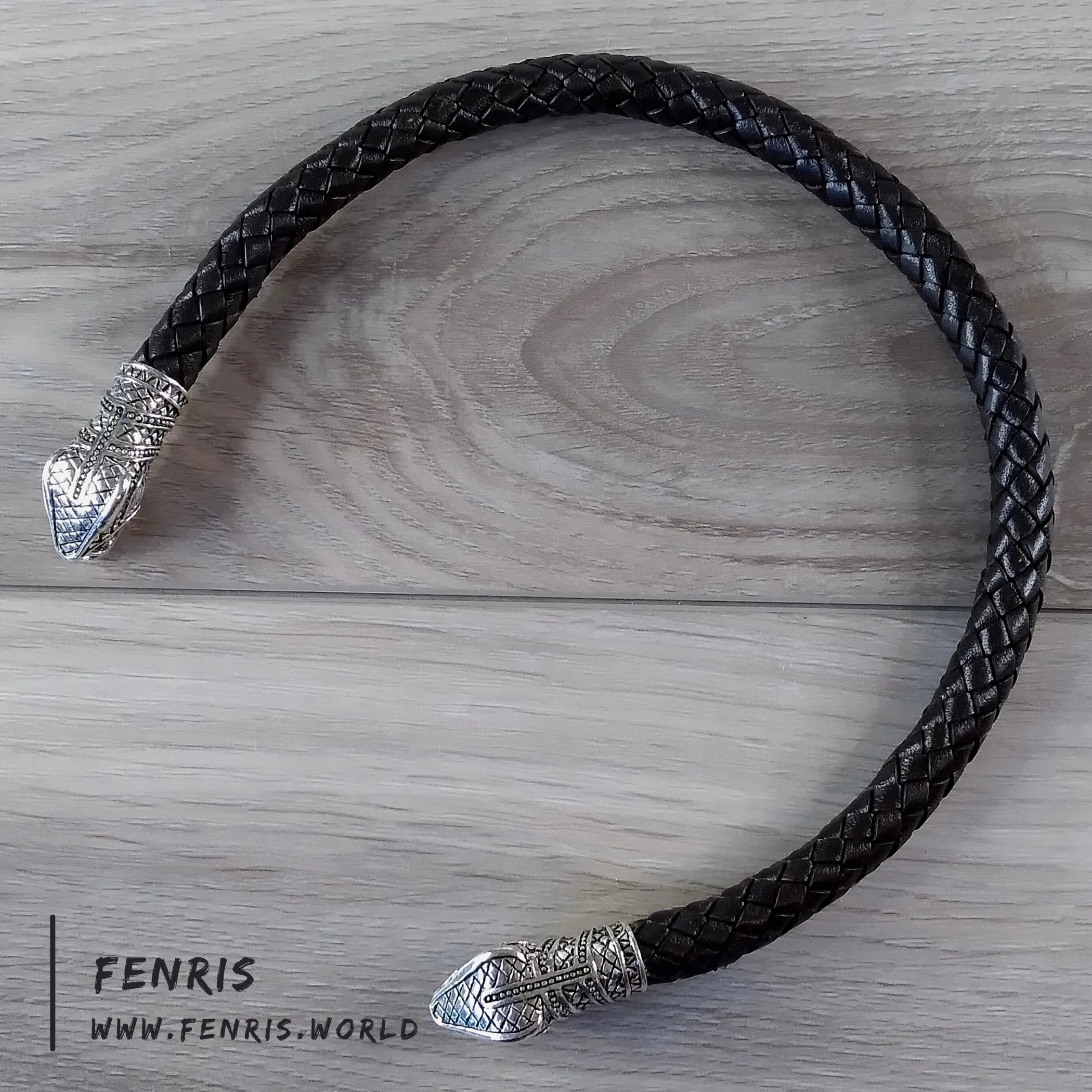 Viking Torc Silver Snake Black Leather | Fenris