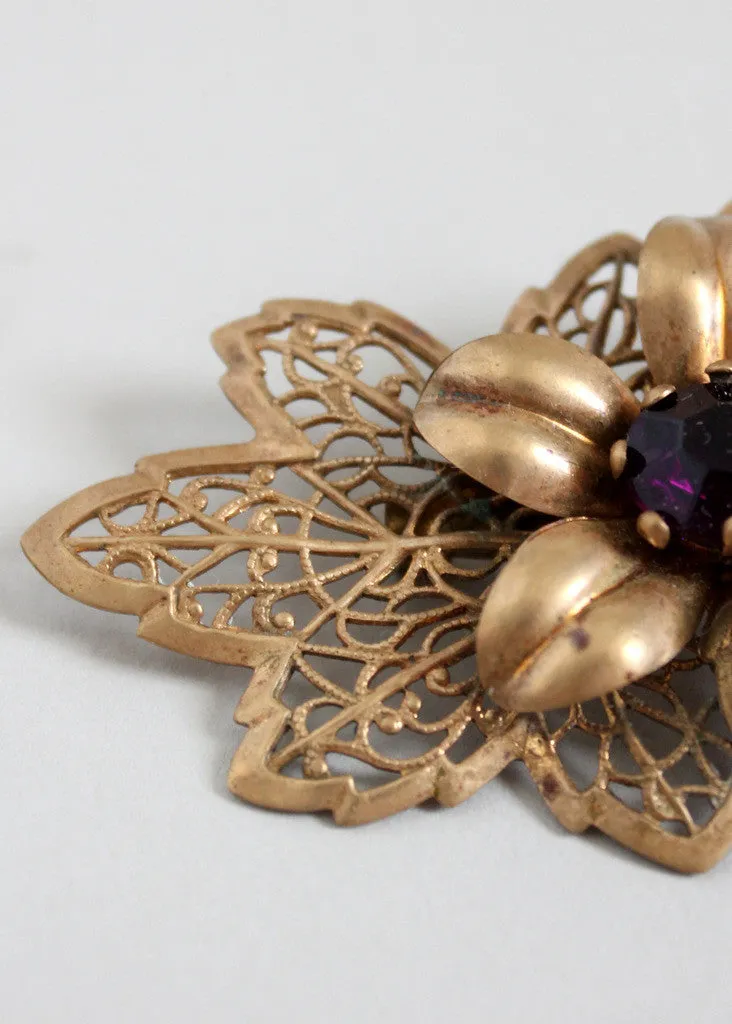 Vintage 1940s Floral Brass and Purple Glass Brooch