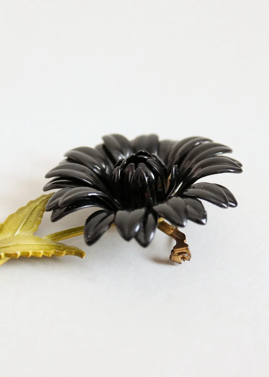 Vintage 1960s MOD Enamel Black Flower Brooch