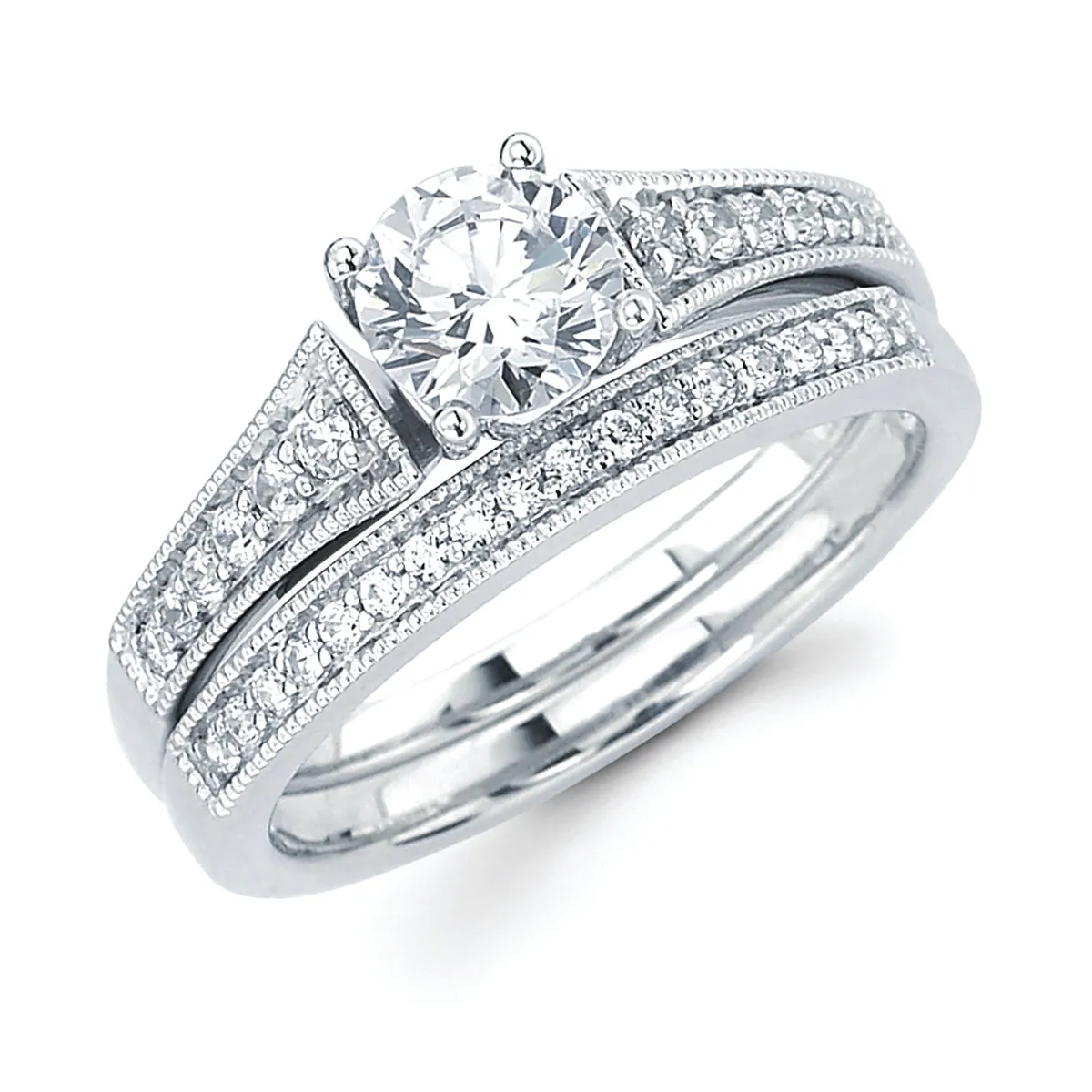 Vintage Bridal: 1/8 Ctw. Diamond Semi Mount with Millgrain Detail shown with 3/4 Ct. Round Center Diamond in 14K Gold