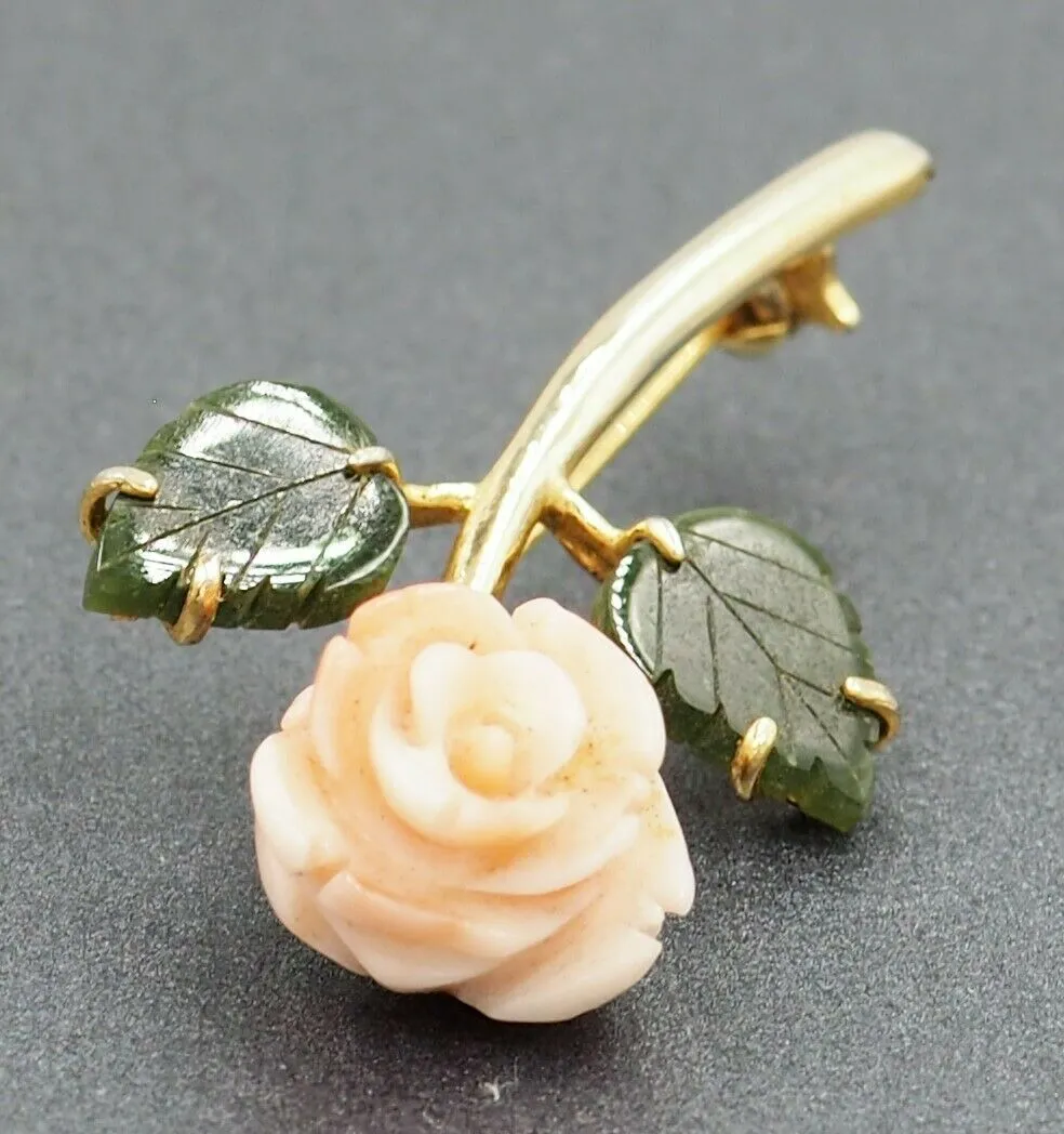 Vintage Gold Plated Nephrite Chalcedony Floral Brooch