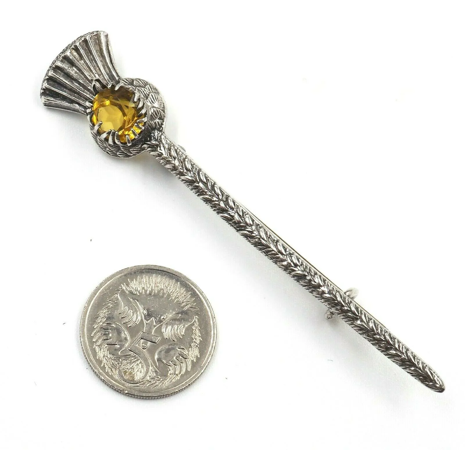 Vintage Sterling Silver & Citrine Glass Thistle Brooch - c.1949