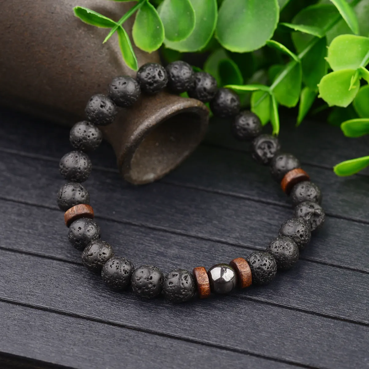 Volcanic Glitter Stone Wood Chip Beaded Bracelet