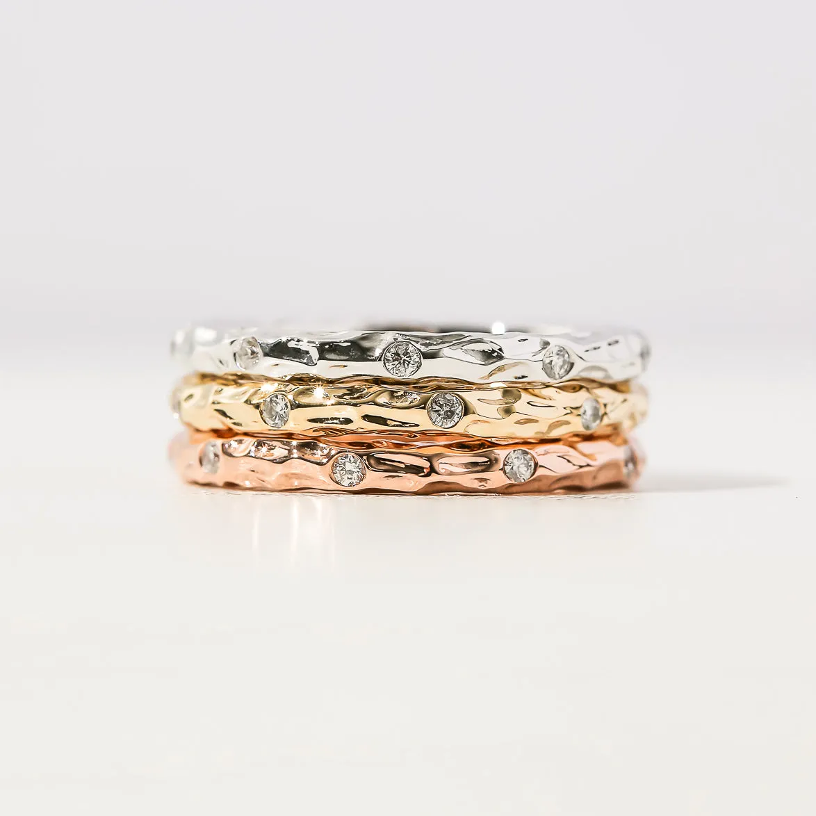 Willow Rings - Set of 3 Textured Gold Diamond Rings